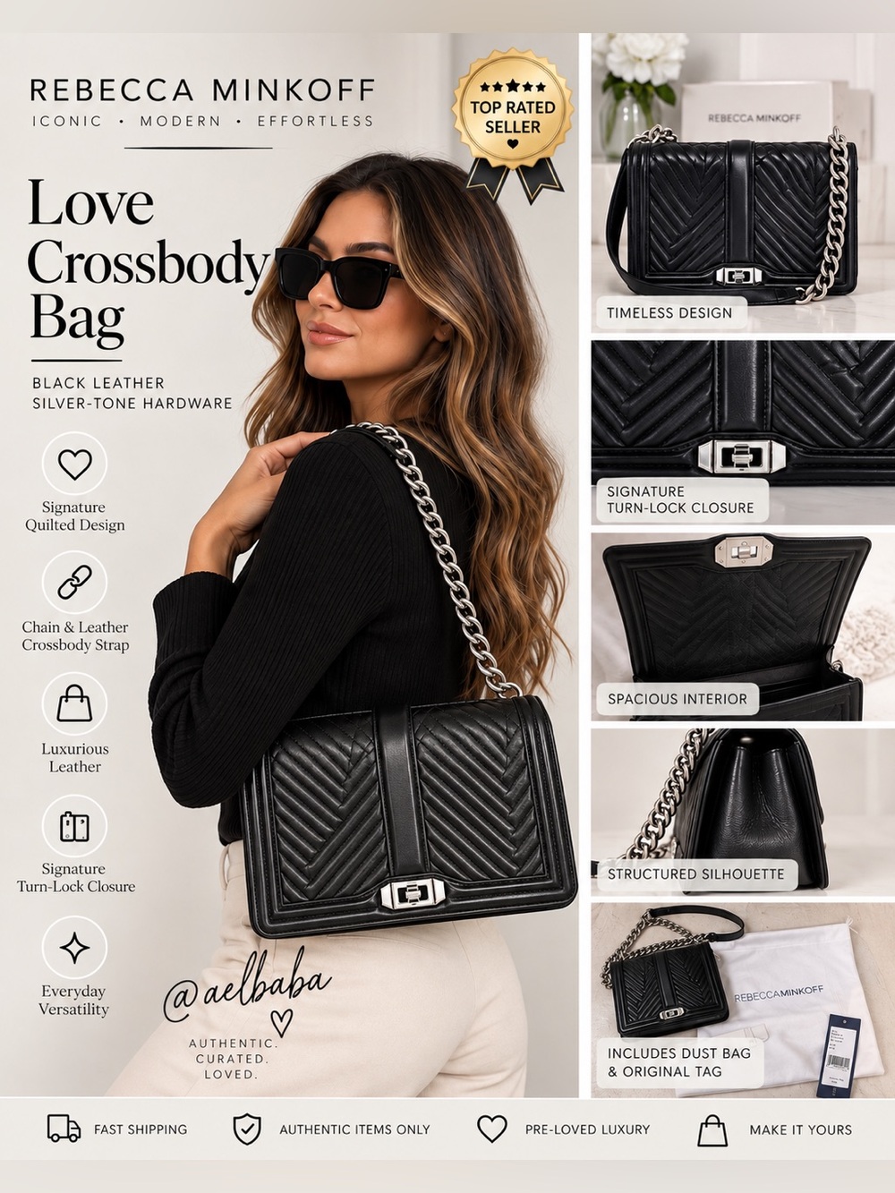 Rebecca Minkoff Black Quilted Leather Crossbody with Silver Chain